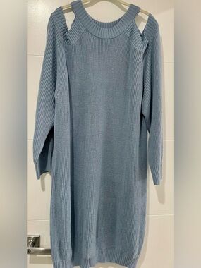 Soft Blue Long-Sleeve Cold Shoulder Knit Dress
